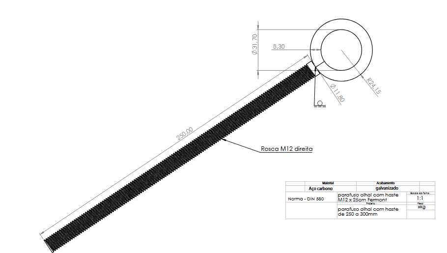 Parafuso Olhal com Haste M12x250 miniatura 2